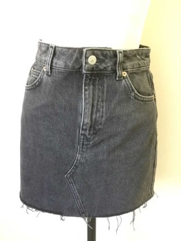 TOPSHOP, Charcoal Gray, Cotton, Polyester, Solid, Faded Black Denim, Cut Off Hem with Frayed Detail, Zip Fly, 5 Pockets