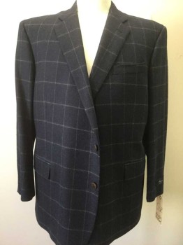 BROOKS BROTHERS, Navy Blue, Lt Gray, Wool, Plaid-  Windowpane, 2 Buttons,  3 Pockets,
