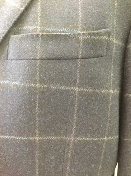 BROOKS BROTHERS, Navy Blue, Lt Gray, Wool, Plaid-  Windowpane, 2 Buttons,  3 Pockets,