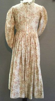 Childrens, Dress 1890s-1910s, N/L, Cream, Pink, Tan Brown, Cotton, Floral, 24w, 26B, High Neck with Eyelet and Lace Trim Ruffle, Puffed Long Sleeves, Detached Yoke Front with Pin tucks, Eyelet and Lace Trim Over Pleated Lace Bodice. Gathered Skirt, Button Back, Good Shape, Stain Center Front Skirt