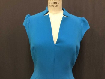 KAREN MILLEN, Turquoise Blue, Polyester, Wool, Solid, Cut Out V-neck, Fitted, Detail Side Seams Work, Small Cap Sleeves, Zip Back, Split Center Back Hem