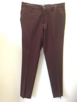 ZARA, Maroon Red, Polyester, Solid, Flat Front, Double Belt Loops, Zip Fly, 4 Pocket
