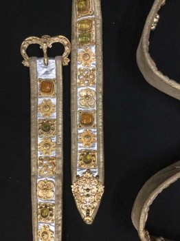 N/L, Silver, Gold, Amber Yellow, Yellow, Off White, Synthetic, Metallic/Metal, Silver W/gold Pieces W/pearl, Amber, Yellow & Light Green Stones Medallion Attached W/gold Buckle, See Photo Attached,