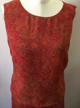 Womens, Dress, Piece 1, Red, Orange, Ochre Brown-Yellow, Polyester, Floral, Reversible, Sleeveless, Center Back Keyhole 1 Button, Bar Code is Located at the Hip on the Side Seam,