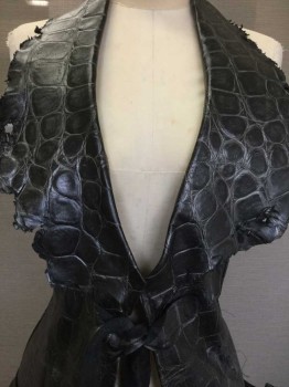 Womens, Sci-Fi/Fantasy Vest, MTO, Silver, Leather, Reptile/Snakeskin, XS, Floor Length, 2 Large Pockets, 1 Button With Self Tie Closure