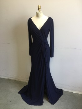 MAXI BOUTIQUE, Navy Blue, Polyester, Lycra, Solid, Poly Jersey., V. Neck, Long Sleeves, Twist Drape at Side Front. Self Ruffled Drape at Left Front with Left Leg Slit. Zipper Center Back, Small Train. Key Hole Opening at Center Back,