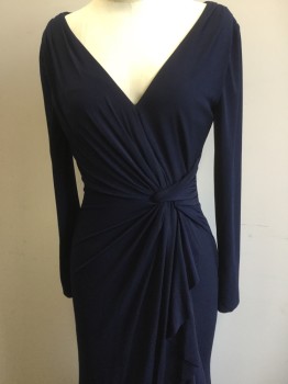 MAXI BOUTIQUE, Navy Blue, Polyester, Lycra, Solid, Poly Jersey., V. Neck, Long Sleeves, Twist Drape at Side Front. Self Ruffled Drape at Left Front with Left Leg Slit. Zipper Center Back, Small Train. Key Hole Opening at Center Back,