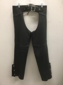Mens, Chaps, KERR, Black, Leather, Solid, OSFM, Adjustable Waist with Silver Buckle, Silver Zippers at Inseams, Laces at Center Back with Silver Grommets