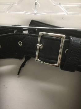 Mens, Chaps, KERR, Black, Leather, Solid, OSFM, Adjustable Waist with Silver Buckle, Silver Zippers at Inseams, Laces at Center Back with Silver Grommets