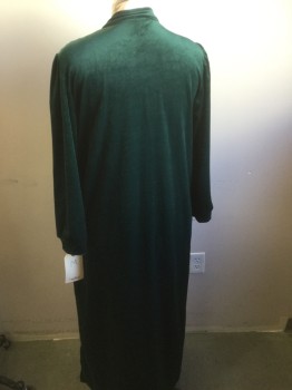 Womens, Housedress, SAYBURY, Dk Green, Polyester, Solid, M, Velvet, Zip Front, Stand Collar, Long Sleeves, Quilted Yoke