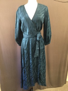 AMOUR VERT, Teal Blue, Silk, Leaves/Vines , Wrap Dress, Self Leaf Print, Elastic Waist, Flared Skirt