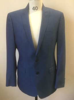 CALVIN KLEIN, French Blue, Wool, Polyester, Solid, Single Breasted, Peaked Lapel, 2 Buttons, 3 Pockets, Hand Picked Stitching at Lapel, Black Lining