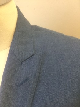 CALVIN KLEIN, French Blue, Wool, Polyester, Solid, Single Breasted, Peaked Lapel, 2 Buttons, 3 Pockets, Hand Picked Stitching at Lapel, Black Lining