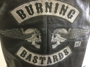 Mens, Leather Vest, UNIK LEATHER APPAREL, Black, Leather, Solid, Novelty Pattern, 52, 4 Silver Snaps, Brown Leather Edge, White Leather Piping, Lace Up Sides, 2 Zipper Pockets, Back Has Patches "Burning Bastards MC", Skulls with Wings, Modeled on a 44, Motorcycle