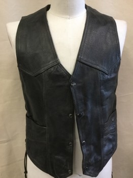 PRO SPORTS LEATHER , Black, Faded Black, Leather, Poly/Cotton, Solid, Black Cracked, Aged & Distressed, Faded Black Lining, V-neck, Black Snap Front, Yoke, 2 Pockets, Black Lacing on the Side, 2 Skull Facing Each Other with "BURNING BASTARDS" in the Back.