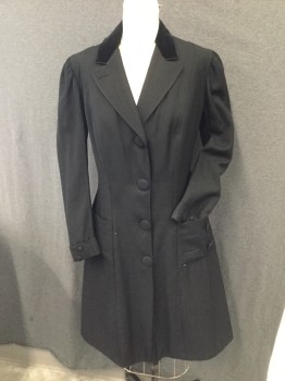 Womens, Coat 1890s-1910s, N/L, Black, Wool, Silk, Solid, B32, Middle Class Coat. Black Gabardine with Velvet Collar, Notched Lapel, 4large Covered Button Front, 2 Patch Pockets with 2 Buttons, Cuff on Sleeve with 2 Small Covered Buttons, 3 Slits at Back of Coat/ Sleeves Gathered to Shoulder. Wearing on Left Cuff. Hole Near Back Right Slit