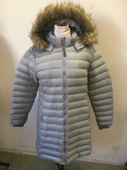 Womens, Coat, Winter, K-WAY, Lt Gray, Polyester, Faux Fur, Solid, L, Zip Front, Removable Hood, Removable Fur Piece, Quilted, 2 Side Zip Pckts