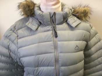 Womens, Coat, Winter, K-WAY, Lt Gray, Polyester, Faux Fur, Solid, L, Zip Front, Removable Hood, Removable Fur Piece, Quilted, 2 Side Zip Pckts