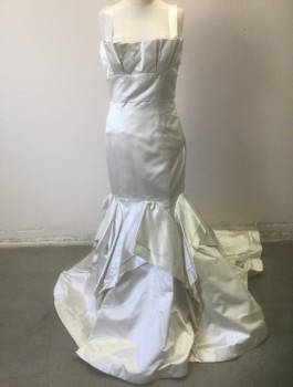 VERA WANG, Bone White, Silk, Polyester, Solid, Satin, 1" Wide Straps, Pleated at Bust Above Empire Waist, Fitted in Hips with Flared Mermaid Style Hem with Scallopped Tiers of Ruffles, Tulle Underlayer for Volume, 3 Self Bows at Side Waist in Back, Floor Length with Slight Train