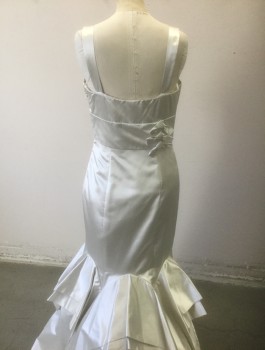 VERA WANG, Bone White, Silk, Polyester, Solid, Satin, 1" Wide Straps, Pleated at Bust Above Empire Waist, Fitted in Hips with Flared Mermaid Style Hem with Scallopped Tiers of Ruffles, Tulle Underlayer for Volume, 3 Self Bows at Side Waist in Back, Floor Length with Slight Train