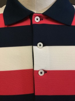 RL RALPH LAUREN, White, Navy Blue, Red, Polyester, Elastane, Stripes - Horizontal , Navy/red/white Panel Horizontal Stripes, Navy Collar Attached, 3 Button Front, Short Sleeves,
