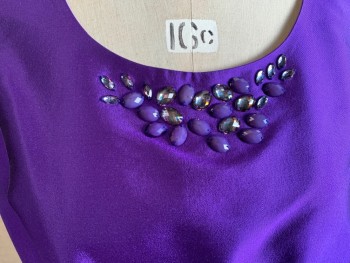 MOSHITA, Violet Purple, Silk, Wool, Solid, Evening Shell, Silk Sheen, Scoop Neck, Sleeveless, Side Zip, Rhinestone Neck Detail