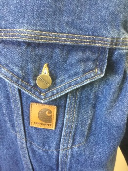 CARHARTT, Denim Blue, Cotton, Solid, Medium Blue Denim, Long Sleeves, Button Front, Collar Attached, 4 Pockets, Tan Top Stitching