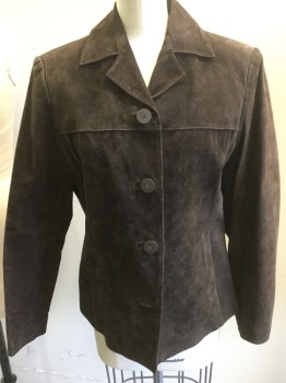 Womens, Leather Jacket, PRITTI, Espresso Brown, Suede, Solid, S, Petite, Button Front, Notched Lapel, Fitted,