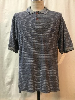 BAD BOY GOLF, Navy Blue, Heather Gray, Cotton, Stripes, Navy & Heather Stripes, Short Sleeves, Collar Attached with Navy Stripes