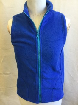 AIVTALK, Royal Blue, Turquoise Blue, Polyester, Solid, Collar Attached, Turquoise Zip Front, 2 Side Pockets