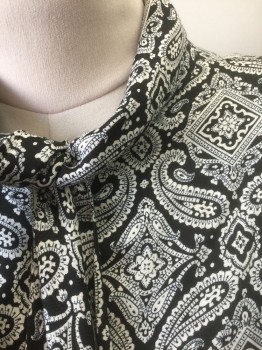 Womens, 1980s Vintage, Top, N/L, Black, White, Rayon, Paisley/Swirls, W:30 , B:42, Blouse, Long Sleeve, Button Front, Self Ties at Neck, Heavily Padded Shoulders,