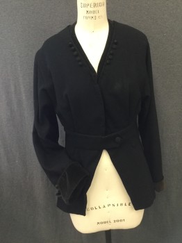 N/L, Black, Wool, Cotton, Solid, Wool Jacket Middle Upper Class. Velvet V. Neck Trim with Velvet Covered Button Detail. Hook & Eye Closure at Front. Fitted at Waist with Button Closure. 10 Covered Button Detail at Back Waist. 3 Covered Button Detail at Velvet Cuffs. Velvet Has Faded at Cuffs and at Shoulder Line. Some Damage to Covered Buttons at Back Waist, 1 Button Missing on Right Cuff ( Only2)),