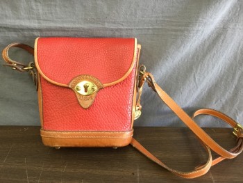 DOONEY & BURKE, Red, Brown, Leather, Bucket Purse, Pebbled Red Leather with Brown Trim, Flap Closure with Gold Clasp, Adjustable Strap