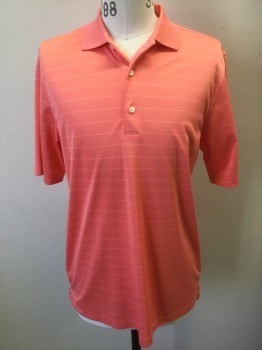 GREG NORMAN, Coral Pink, White, Polyester, Stripes - Horizontal , Coral with Thin Horizontal White Stripes, Short Sleeves, Solid Coral Ribbed Collar Attached, 3 Button Front