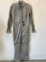 Womens, Sci-Fi/Fantasy Jumpsuit, N/L MTO, Putty/Khaki Gray, Lt Brown, Rayon, Solid, W:31, B:38, H:38, Boiler Suit/Coverall Style, Long Sleeves, Zip Front, Collar Attached, Beige Twill Lace Up Detail at Sides and Sleeve Outseam, Silver Metal Gears at Waist, 5 Zip Pockets, Reinforced Knees, Made To Order