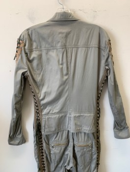 Womens, Sci-Fi/Fantasy Jumpsuit, N/L MTO, Putty/Khaki Gray, Lt Brown, Rayon, Solid, W:31, B:38, H:38, Boiler Suit/Coverall Style, Long Sleeves, Zip Front, Collar Attached, Beige Twill Lace Up Detail at Sides and Sleeve Outseam, Silver Metal Gears at Waist, 5 Zip Pockets, Reinforced Knees, Made To Order