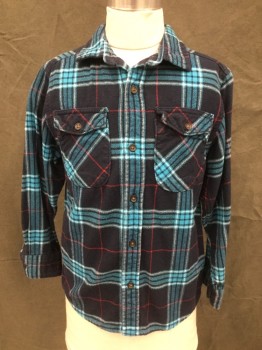 OSHKOSH, Navy Blue, Aqua Blue, Red, White, Cotton, Plaid, Flannel, Button Front, Collar Attached, 2 Flap Pockets, Long Sleeves, Button Cuff