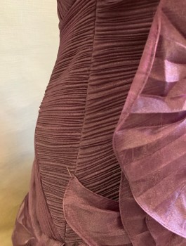 TERANI, Dk Purple, Polyester, Solid, Pleated Organza, Strapless with Sweetheart Bust, Torso is Very Finely Horizontally Pleated, Large Rosettes/Fanned Out Star Bursts of Fabric Along Side, Flared Out Hem, Tiers of Ruffles, Floor Length
