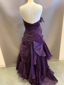 TERANI, Dk Purple, Polyester, Solid, Pleated Organza, Strapless with Sweetheart Bust, Torso is Very Finely Horizontally Pleated, Large Rosettes/Fanned Out Star Bursts of Fabric Along Side, Flared Out Hem, Tiers of Ruffles, Floor Length