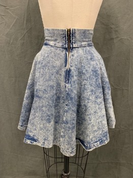 Womens, 1980s Vintage, Piece 2, CRISTINA, Blue, White, Cotton, Acid Wash, W 24, Skirt, 2 1/2" Waistband, 2 Pockets, Zip Back, Black Frog Attached Detail Front Waistband,