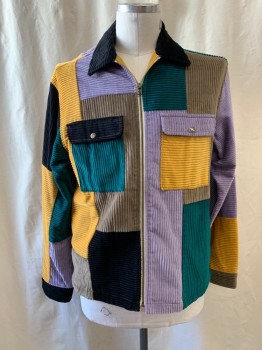 URBAN OUTFITTERS, Black, Teal Green, Goldenrod Yellow, Lavender Purple, Khaki Brown, Cotton, Color Blocking, Collar Attached, Zip Front, 2 Patch Pocket with Flaps & Snap Buttons