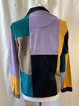 URBAN OUTFITTERS, Black, Teal Green, Goldenrod Yellow, Lavender Purple, Khaki Brown, Cotton, Color Blocking, Collar Attached, Zip Front, 2 Patch Pocket with Flaps & Snap Buttons