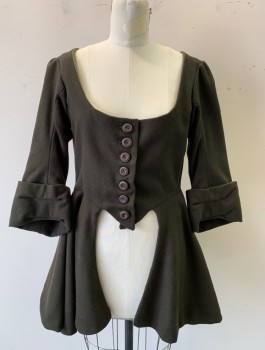 Womens, Historical Fiction Bodice, N/L MTO, Dk Olive Grn, Wool, Solid, W:30, B:38, 3/4 Sleeves with Folded Cuffs, Scoop Neck, Brown Buttons at Front, Pointed Center Front Waist with Flared Peplum at Sides and Back of Waist, Historical Fantasy Made To Order