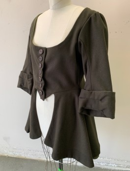 Womens, Historical Fiction Bodice, N/L MTO, Dk Olive Grn, Wool, Solid, W:30, B:38, 3/4 Sleeves with Folded Cuffs, Scoop Neck, Brown Buttons at Front, Pointed Center Front Waist with Flared Peplum at Sides and Back of Waist, Historical Fantasy Made To Order
