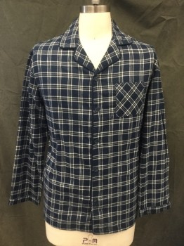 GOODFELLOW, Steel Blue, White, Lt Blue, Cotton, Plaid, Flannel PJ Top, Button Front, Collar Attached, Long Sleeves, 1 Pocket, Solid Steel Blue Piping