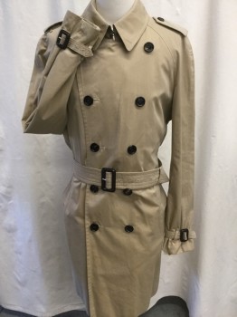 BURBERRYS , Tan Brown, Cotton, Solid, Double Breasted, Large Dark Tortoise Shell Buttons, Epaulets, Strap Cuffs, Belt with Dark Brown Plastic Buckle ,  Knee Length  Hook and Bar Collar Closure, Yoke Vent,  1 Back Vent