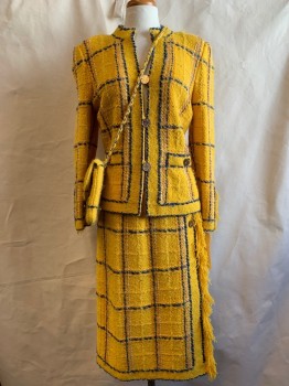 Womens, 1980s Vintage, Suit, Jacket, ADOLFO, Sunflower Yellow, Blue, Cream, Wool, Plaid-  Windowpane, B 36, Button Front, 3 Pockets, Fringe Sleeve Detail,