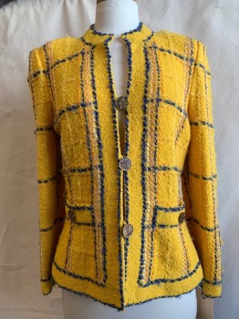 Womens, 1980s Vintage, Suit, Jacket, ADOLFO, Sunflower Yellow, Blue, Cream, Wool, Plaid-  Windowpane, B 36, Button Front, 3 Pockets, Fringe Sleeve Detail,