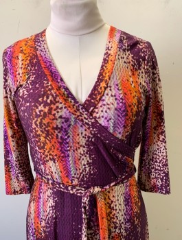 N/L, Purple, Coral Orange, Pink, Lt Pink, Polyester, Abstract , Knit Jersey, Wrap Style Dress, Surplice V-neck, 3/4 Sleeves, Ankle Length Maxi Dress, **With Matching Self BELT