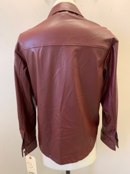 ZARA, Red Burgundy, Faux Leather, Solid, Snap Front, Collar Attached, 2 Patch Pockets